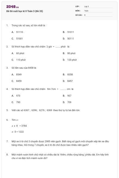 Đề thi cuối học kì II Toán 3 (Đề 33)