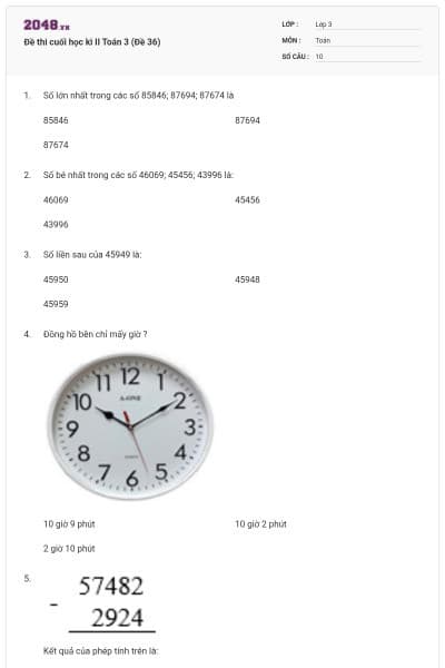 Đề thi cuối học kì II Toán 3 (Đề 36)