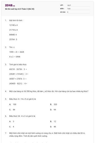 Đề thi cuối học kì II Toán 3 (Đề 34)