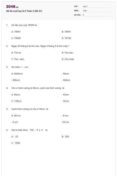 Đề thi cuối học kì II Toán 3 (Đề 37)