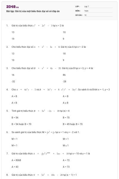 Bài tập: Giá trị của một biểu thức đại số có đáp án
