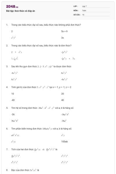 Bài tập: Đơn thức có đáp án