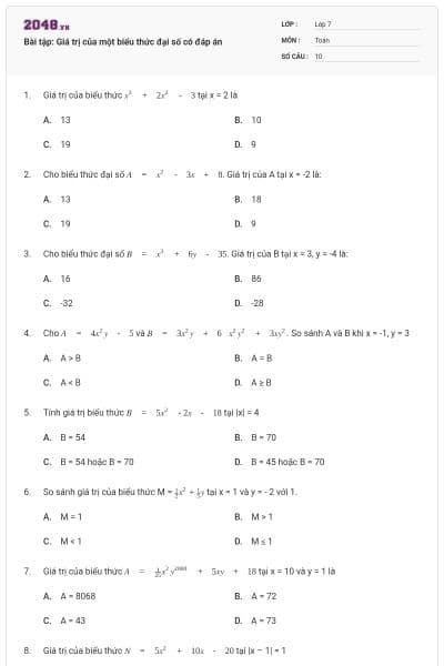 Bài tập: Giá trị của một biểu thức đại số có đáp án
