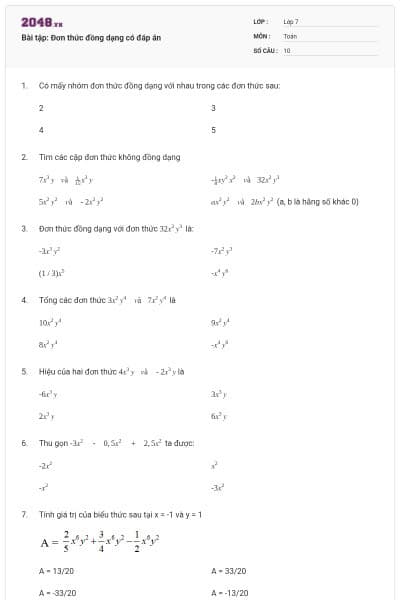 Bài tập: Đơn thức đồng dạng có đáp án