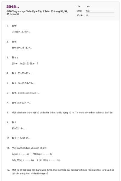 Giải Cùng em học Toán lớp 4 Tập 2 Tuần 33 trang 53, 54, 55 hay nhất