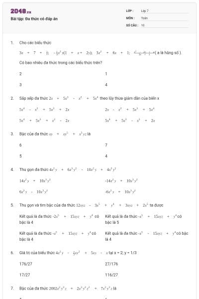 Bài tập: Đa thức có đáp án