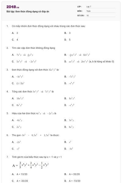 Bài tập: Đơn thức đồng dạng có đáp án
