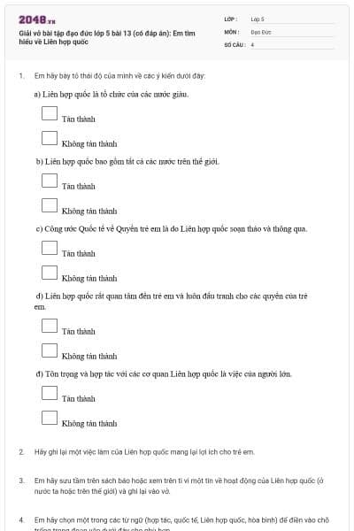 Giải vở bài tập đạo đức lớp 5 bài 13 (có đáp án): Em tìm hiểu về Liên hợp quốc