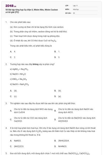 50 Bài tập tổng hợp Sự điện li, Nhóm Nito, Nhóm Cacbon có lời giải (P2)