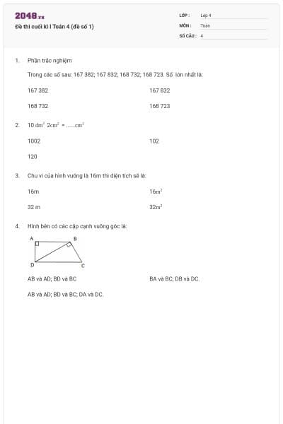 Đề thi cuối kì I Toán 4 (đề số 1)