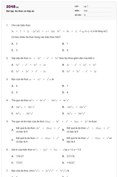 Bài tập: Đa thức có đáp án