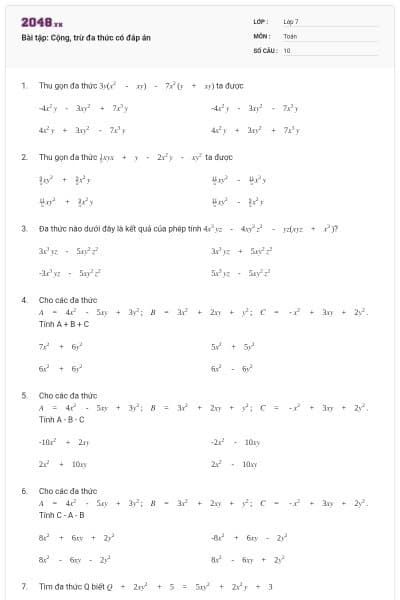 Bài tập: Cộng, trừ đa thức có đáp án