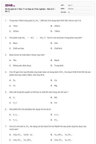 Đề thi giữa kì 1 Hóa 11 có đáp án (Trắc nghiệm - Bài số 2 - Đề 1)