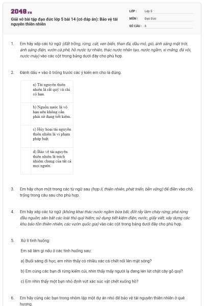 Giải vở bài tập đạo đức lớp 5 bài 14 (có đáp án): Bảo vệ tài nguyên thiên nhiên