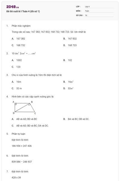 Đề thi cuối kì I Toán 4 (đề số 1)