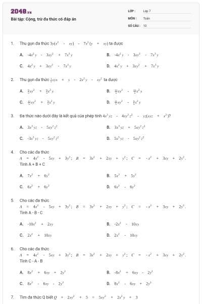 Bài tập: Cộng, trừ đa thức có đáp án