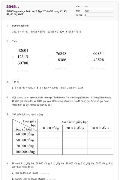 Giải Cùng em học Toán lớp 3 Tập 2 Tuần 30 trang 42, 43, 44, 45 hay nhất