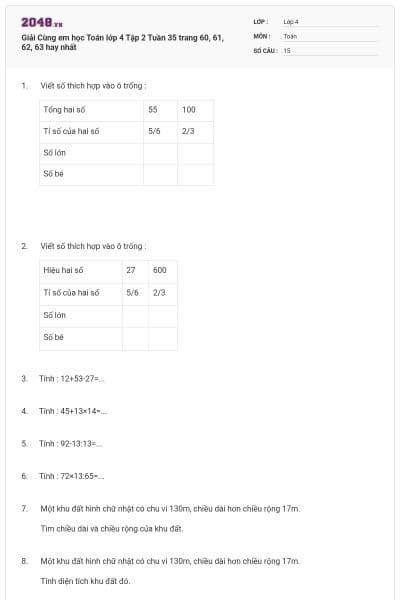 Giải Cùng em học Toán lớp 4 Tập 2 Tuần 35 trang 60, 61, 62, 63 hay nhất