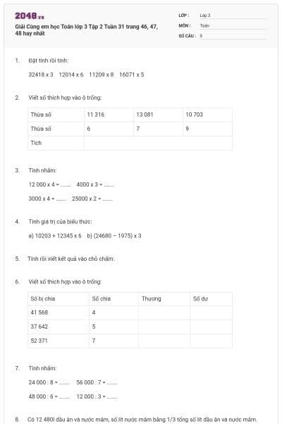 Giải Cùng em học Toán lớp 3 Tập 2 Tuần 31 trang 46, 47, 48 hay nhất