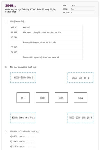 Giải Cùng em học Toán lớp 3 Tập 2 Tuần 33 trang 53, 54, 55 hay nhất