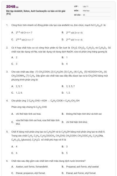 Bài tập Andehit, Xeton, Axit Cacboxylic cơ bản có lời giải (P2)