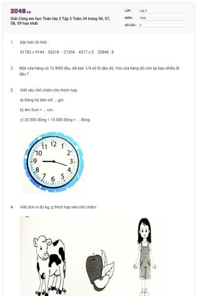 Giải Cùng em học Toán lớp 3 Tập 2 Tuần 34 trang 56, 57, 58, 59 hay nhất