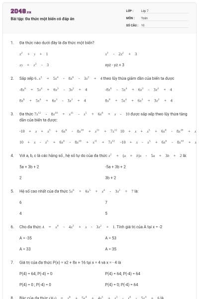 Bài tập: Đa thức một biến có đáp án