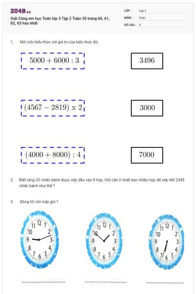 Giải Cùng em học Toán lớp 3 Tập 2 Tuần 35 trang 60, 61, 62, 63 hay nhất