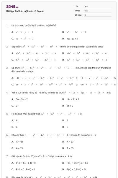 Bài tập: Đa thức một biến có đáp án