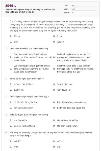 368 Câu trắc nghiệm Sóng cơ và Sóng âm từ đề thi Đại Học có lời giải chi tiết (đề số 3)