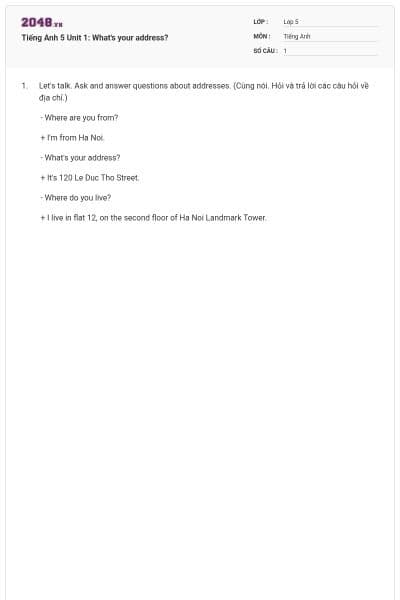 Tiếng Anh 5 Unit 1: What's your address?