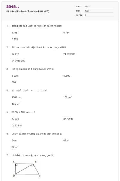Đề thi cuối kì I môn Toán lớp 4 (Đề số 5)