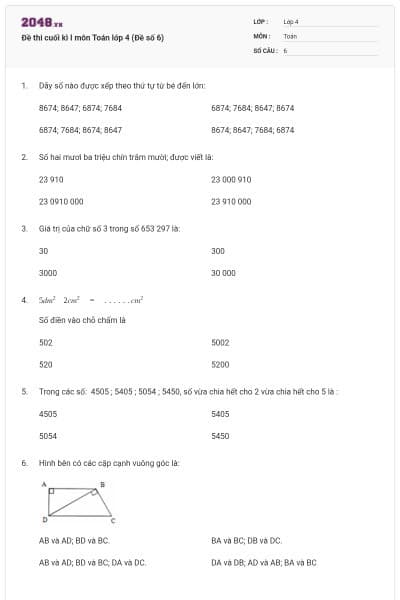 Đề thi cuối kì I môn Toán lớp 4 (Đề số 6)