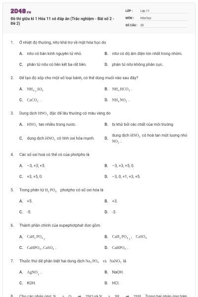 Đề thi giữa kì 1 Hóa 11 có đáp án (Trắc nghiệm - Bài số 2 - Đề 2)