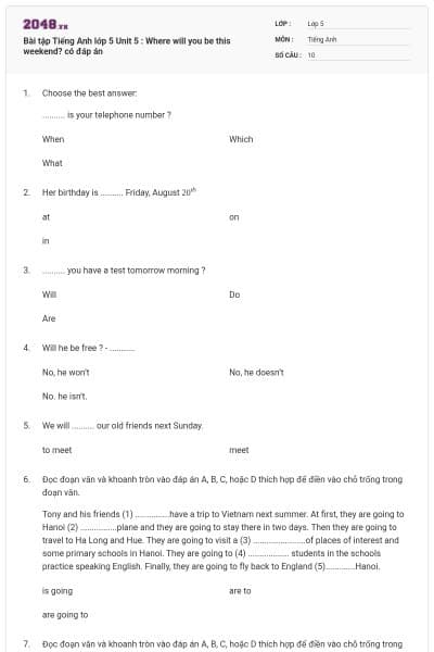 Bài tập Tiếng Anh lớp 5 Unit 5 : Where will you be this weekend? có đáp án