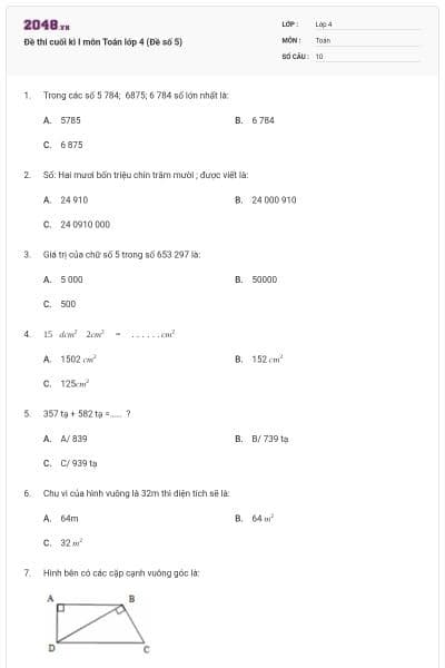 Đề thi cuối kì I môn Toán lớp 4 (Đề số 5)