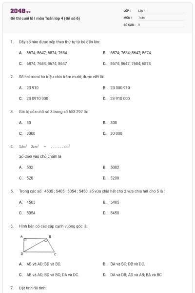 Đề thi cuối kì I môn Toán lớp 4 (Đề số 6)