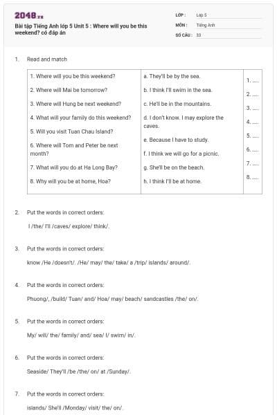 Bài tập Tiếng Anh lớp 5 Unit 5 : Where will you be this weekend? có đáp án