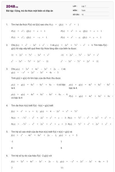 Bài tập: Cộng, trừ đa thức một biến có đáp án