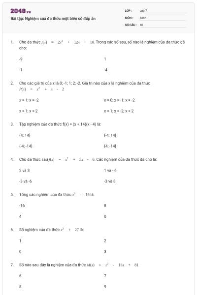 Bài tập: Nghiệm của đa thức một biến có đáp án