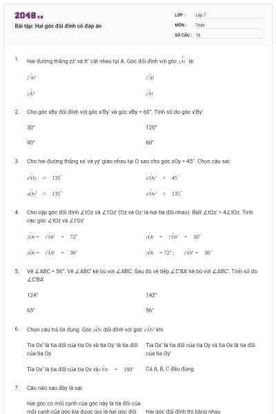Bài tập: Hai góc đối đỉnh có đáp án