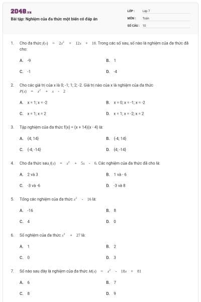 Bài tập: Nghiệm của đa thức một biến có đáp án