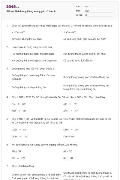Bài tập: Hai đường thẳng vuông góc có đáp án