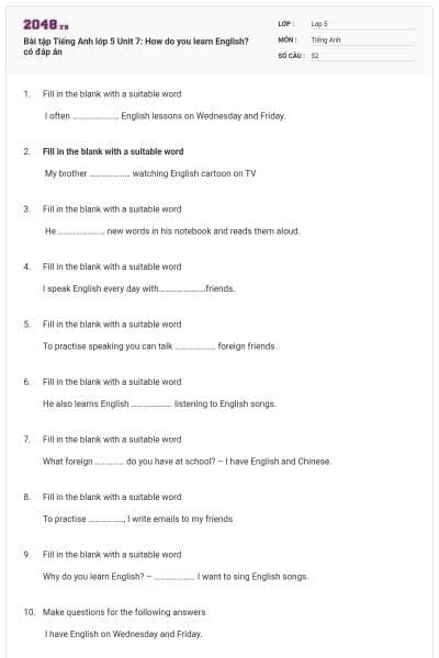 Bài tập Tiếng Anh lớp 5 Unit 7: How do you learn English? có đáp án