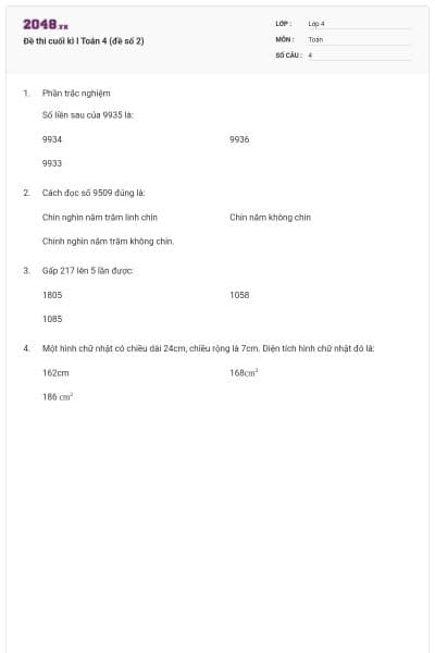 Đề thi cuối kì I Toán 4 (đề số 2)