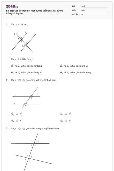 Bài tập: Các góc tạo bởi một đường thẳng cắt hai đường thẳng có đáp án