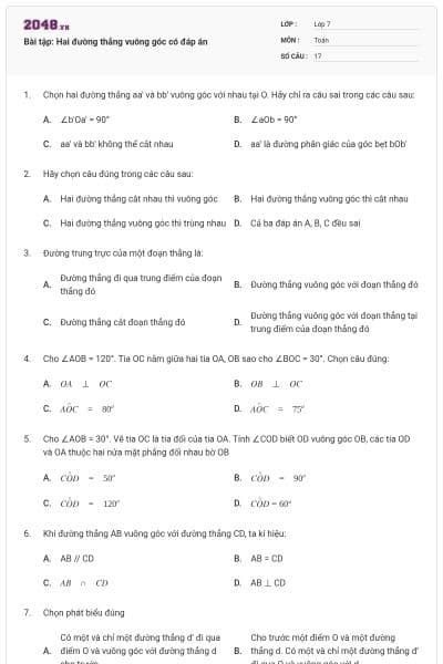 Bài tập: Hai đường thẳng vuông góc có đáp án