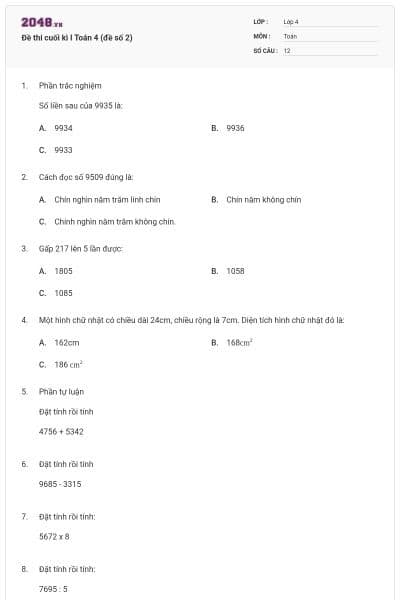 Đề thi cuối kì I Toán 4 (đề số 2)