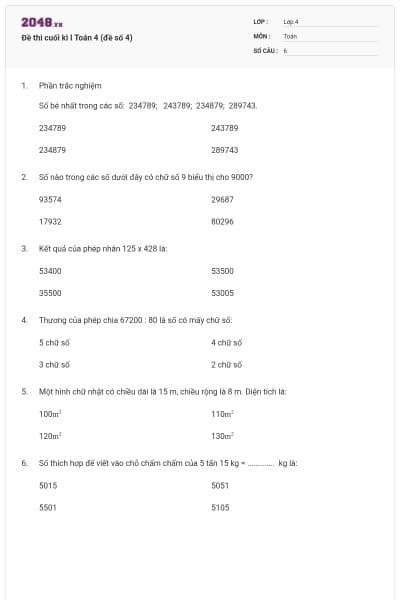 Đề thi cuối kì I Toán 4 (đề số 4)