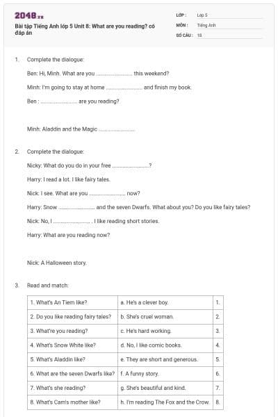 Bài tập Tiếng Anh lớp 5 Unit 8: What are you reading? có đáp án
